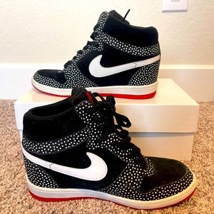 Nike Sky Hi Dunks in limited edition black w/ polka dots & red rubber sole.